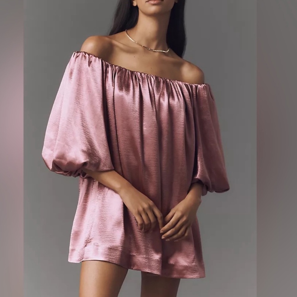 *Anthropologie Mare Mare Off The Shoulder Pink Satin Mini Dress